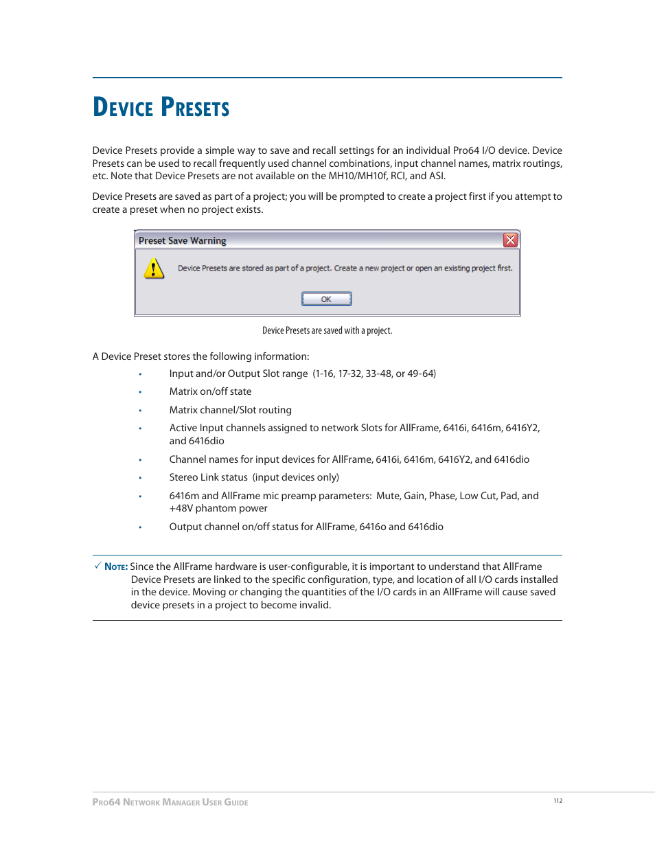 Device presets, Evice, Resets | Aviom Pro64 Network Manager User Manual | Page 121 / 160