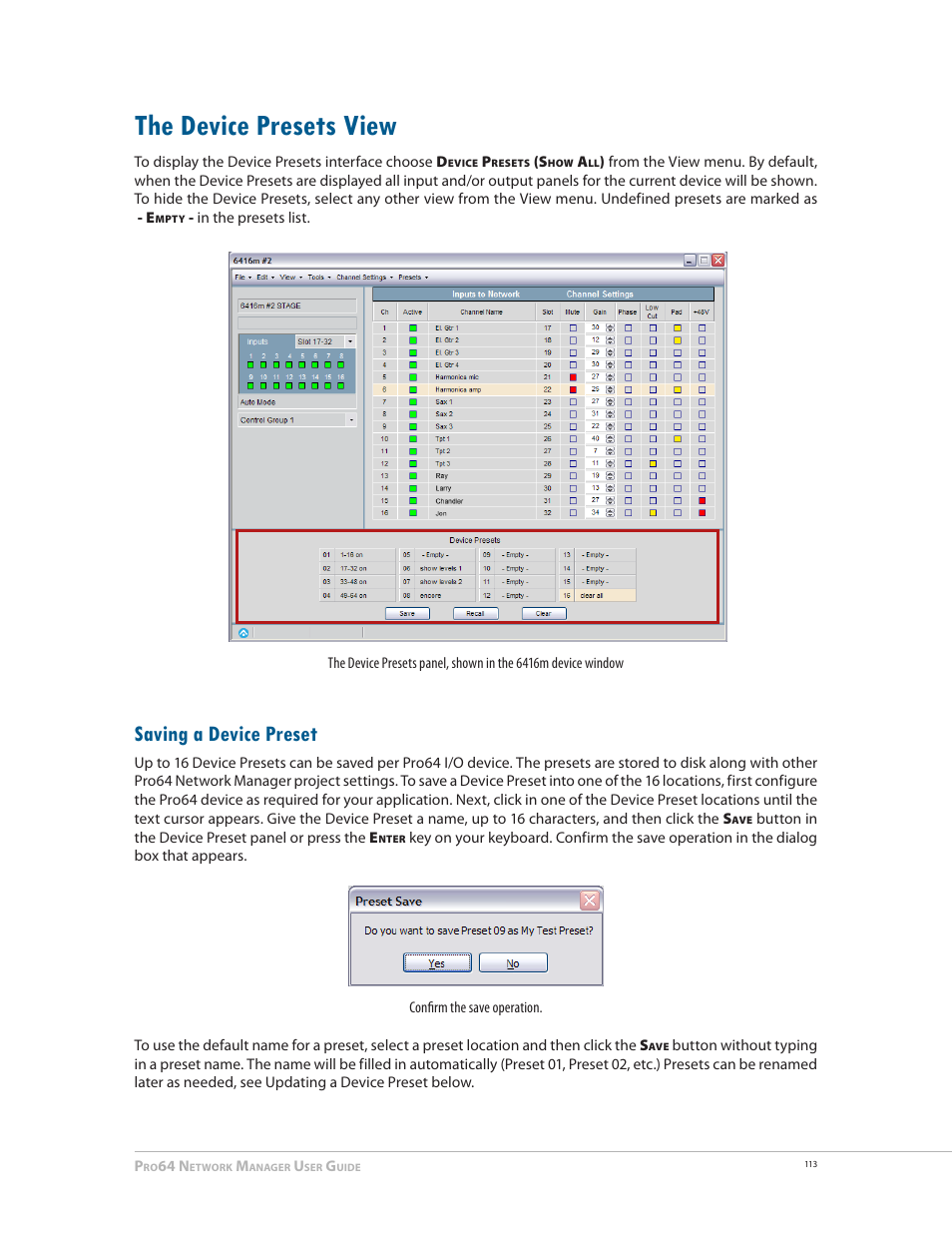 The device presets view, Saving a device preset, The device presets view 113 | Aviom Pro64 Network Manager User Manual | Page 122 / 160