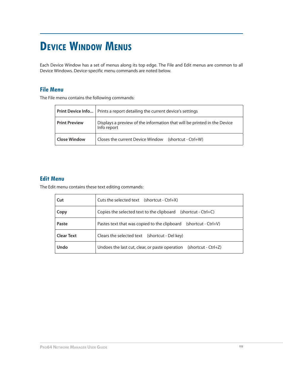 Device window menus, File menu, Edit menu | File menu edit menu, Evice, Indow, Enus | Aviom Pro64 Network Manager User Manual | Page 124 / 160