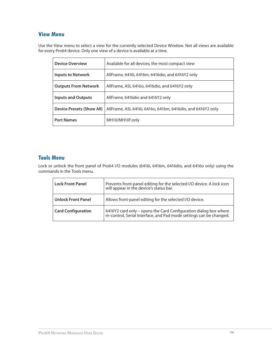 View menu, Tools menu, View menu tools menu | Aviom Pro64 Network Manager User Manual | Page 125 / 160