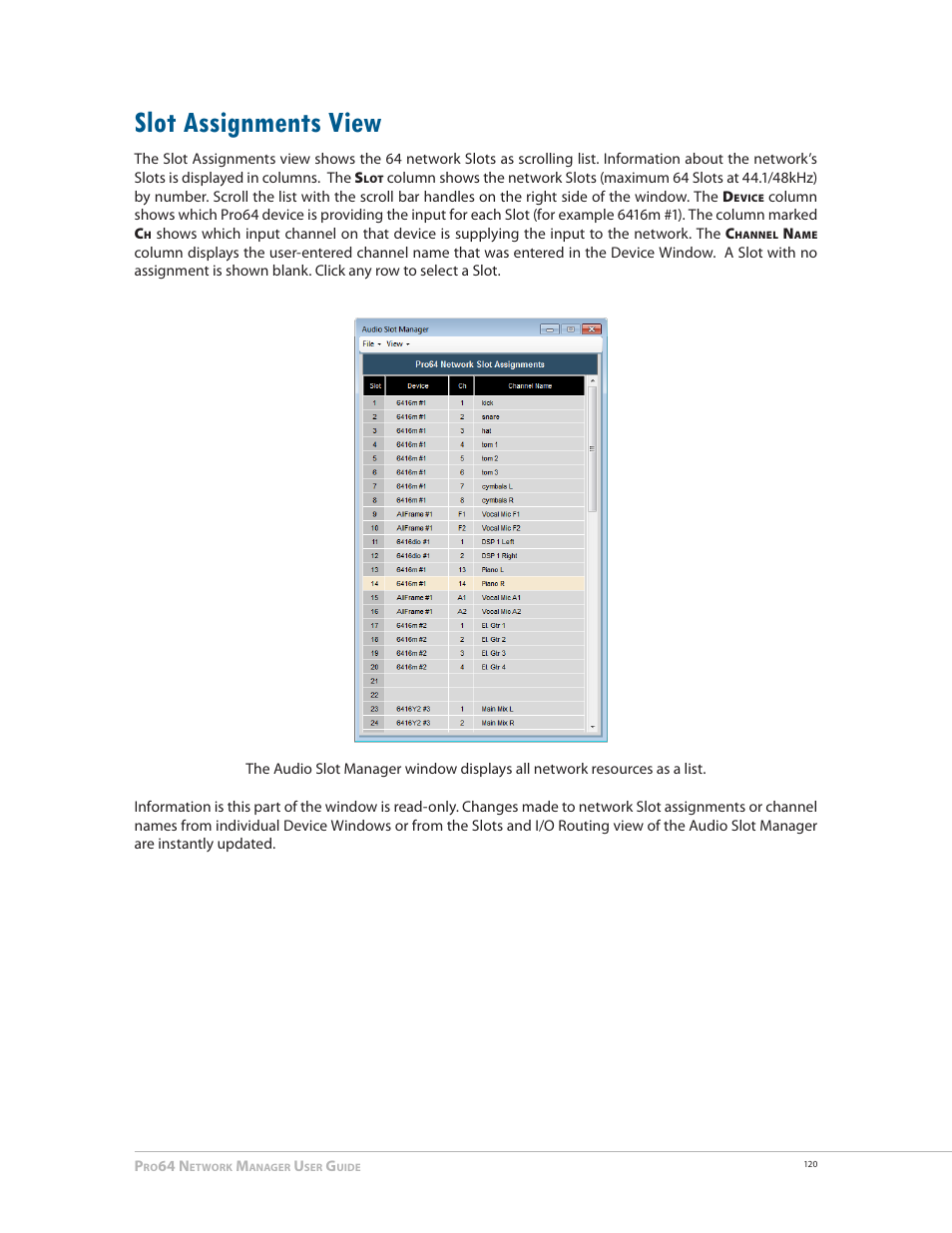 Slot assignments view, Slot assignments view 120 | Aviom Pro64 Network Manager User Manual | Page 129 / 160