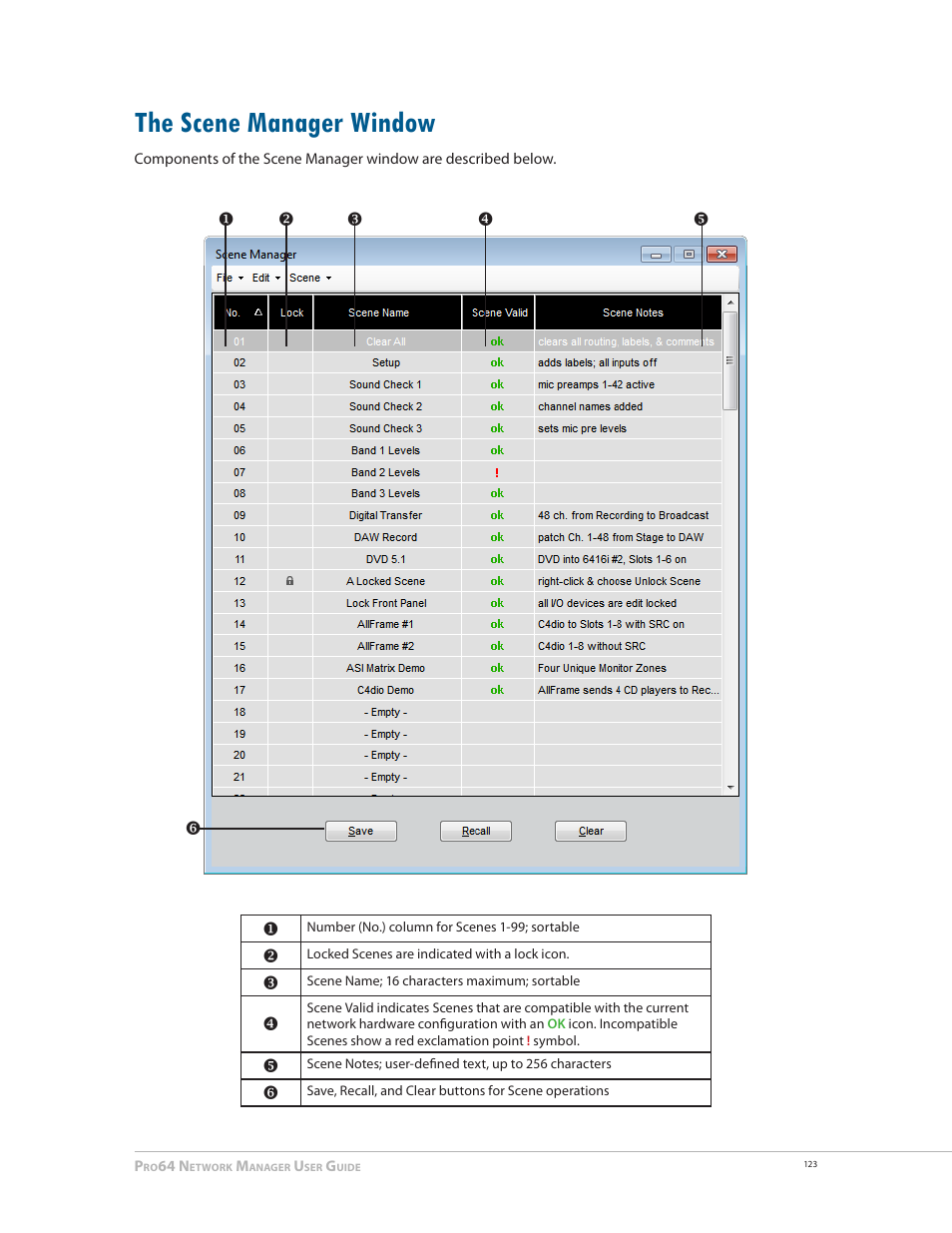 The scene manager window, The scene manager window 123 | Aviom Pro64 Network Manager User Manual | Page 132 / 160