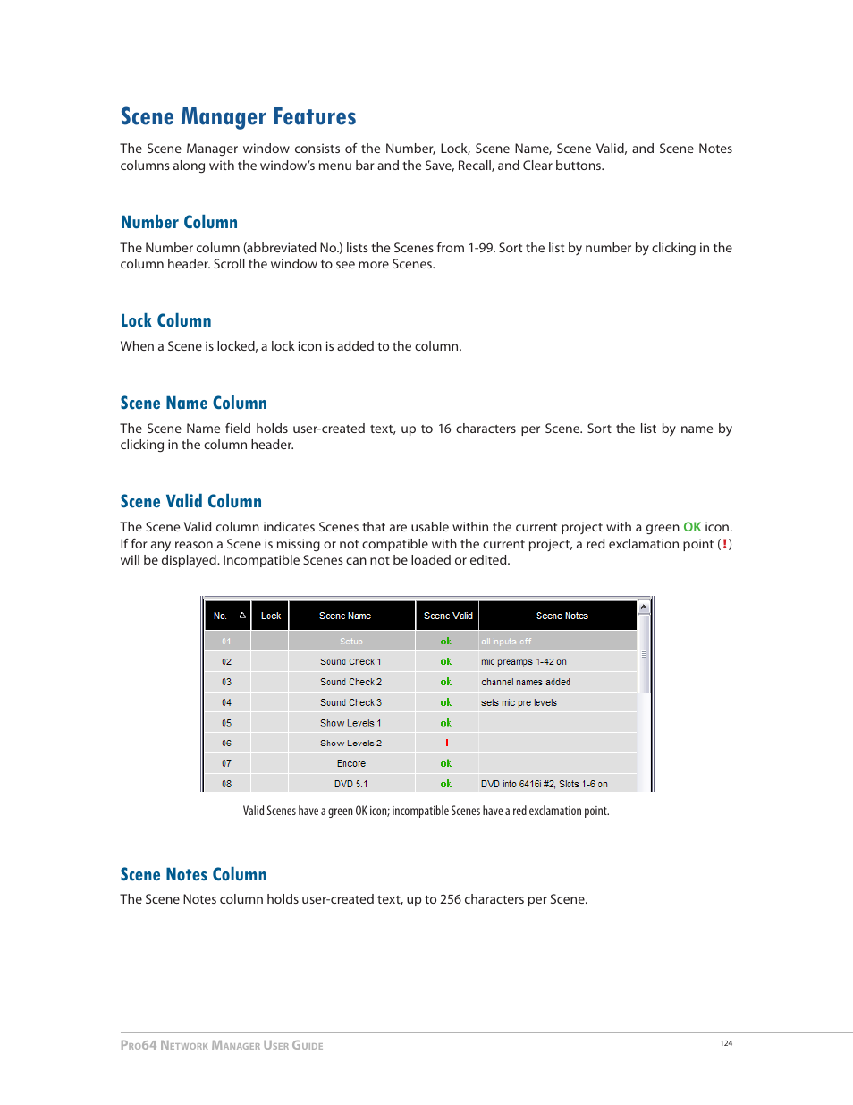 Scene manager features, Number column, Lock column | Scene name column, Scene valid column, Scene notes column, Scene manager features 124 | Aviom Pro64 Network Manager User Manual | Page 133 / 160