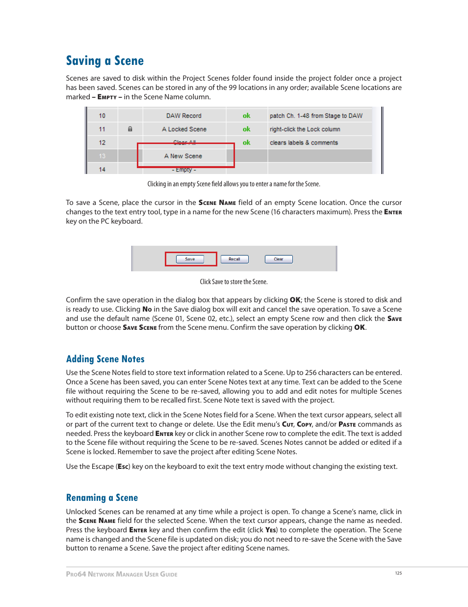 Saving a scene, Adding scene notes, Renaming a scene | Saving a scene 125, Adding scene notes renaming a scene | Aviom Pro64 Network Manager User Manual | Page 134 / 160