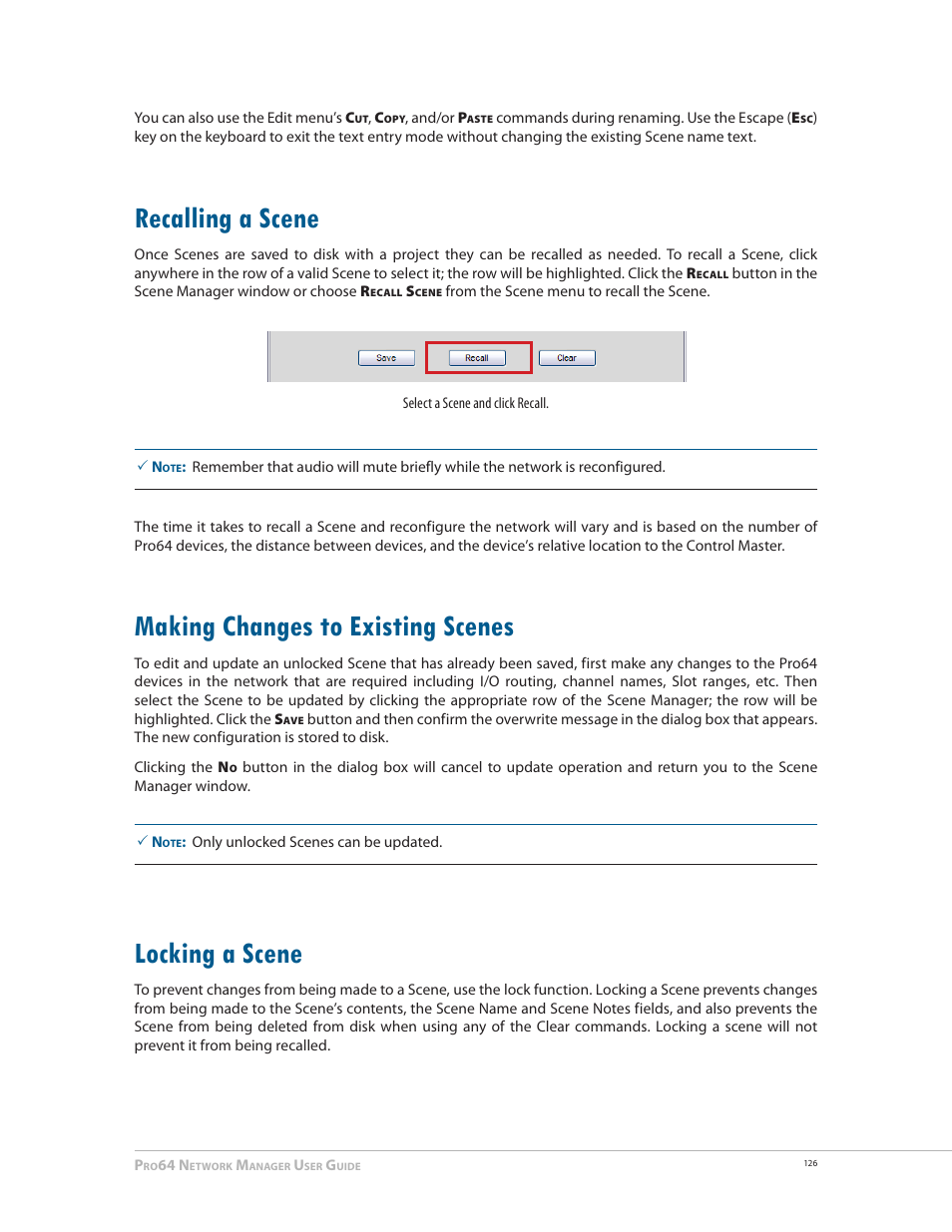 Recalling a scene, Making changes to existing scenes, Locking a scene | Aviom Pro64 Network Manager User Manual | Page 135 / 160