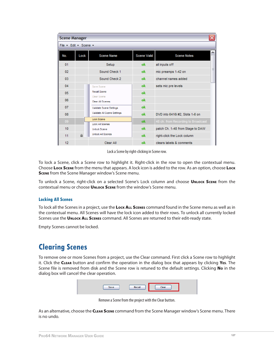 Locking all scenes, Clearing scenes, Clearing scenes 127 | Aviom Pro64 Network Manager User Manual | Page 136 / 160
