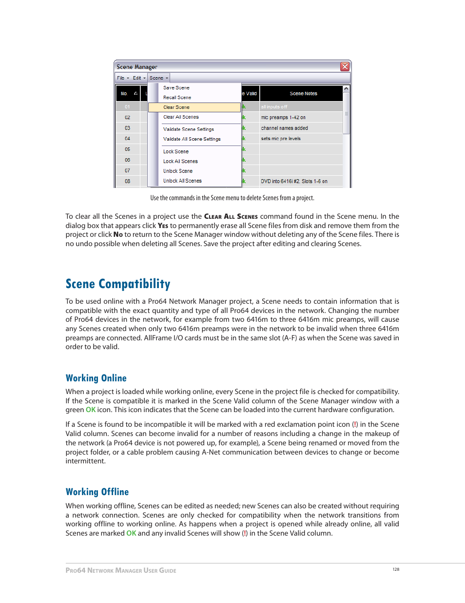 Scene compatibility, Working online, Working offline | Scene compatibility 128, Working online working offline | Aviom Pro64 Network Manager User Manual | Page 137 / 160
