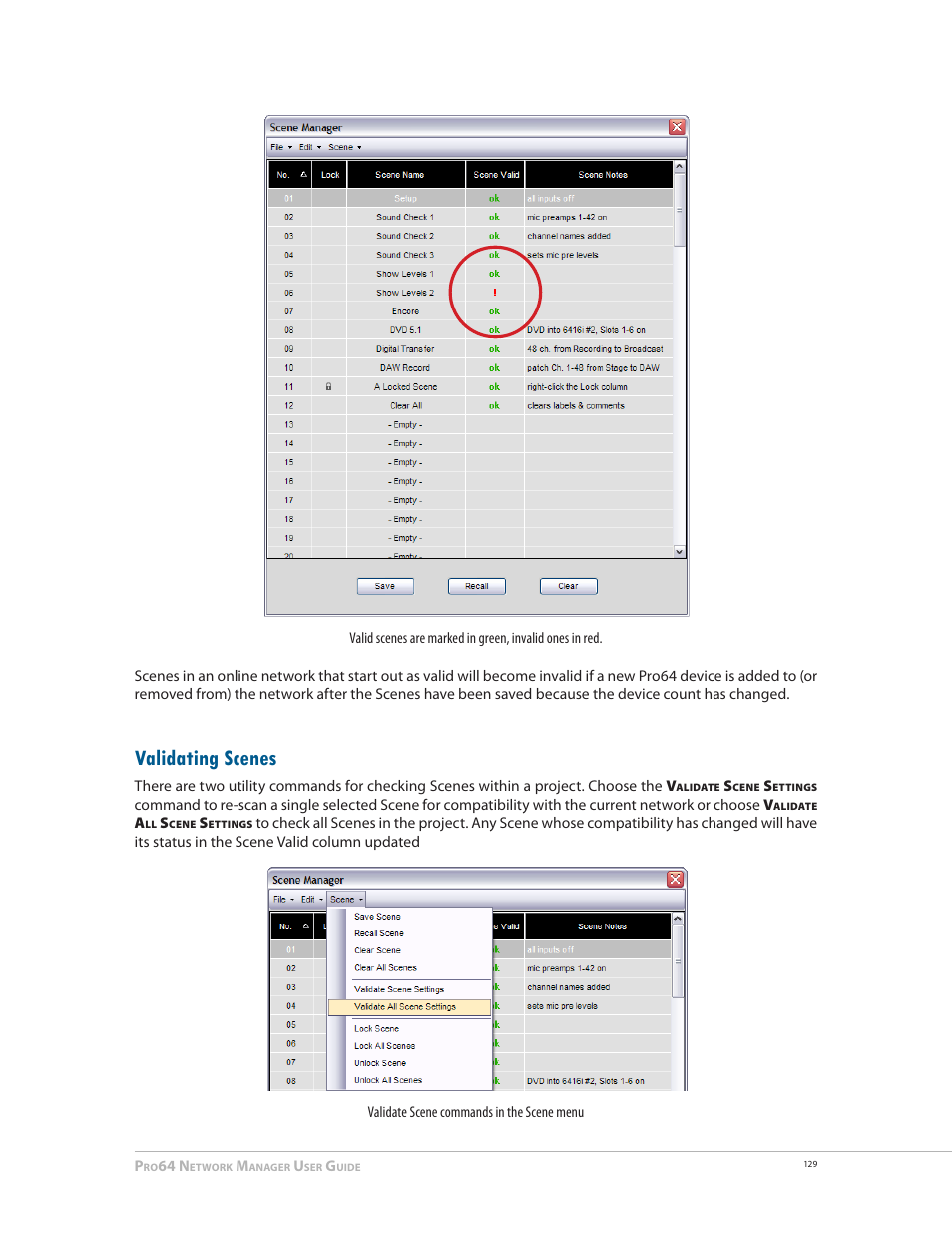 Validating scenes | Aviom Pro64 Network Manager User Manual | Page 138 / 160