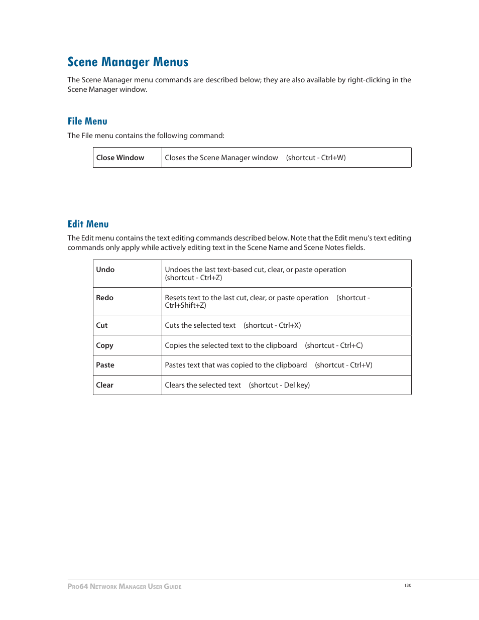 Scene manager menus, File menu, Edit menu | Scene manager menus 130, File menu edit menu | Aviom Pro64 Network Manager User Manual | Page 139 / 160