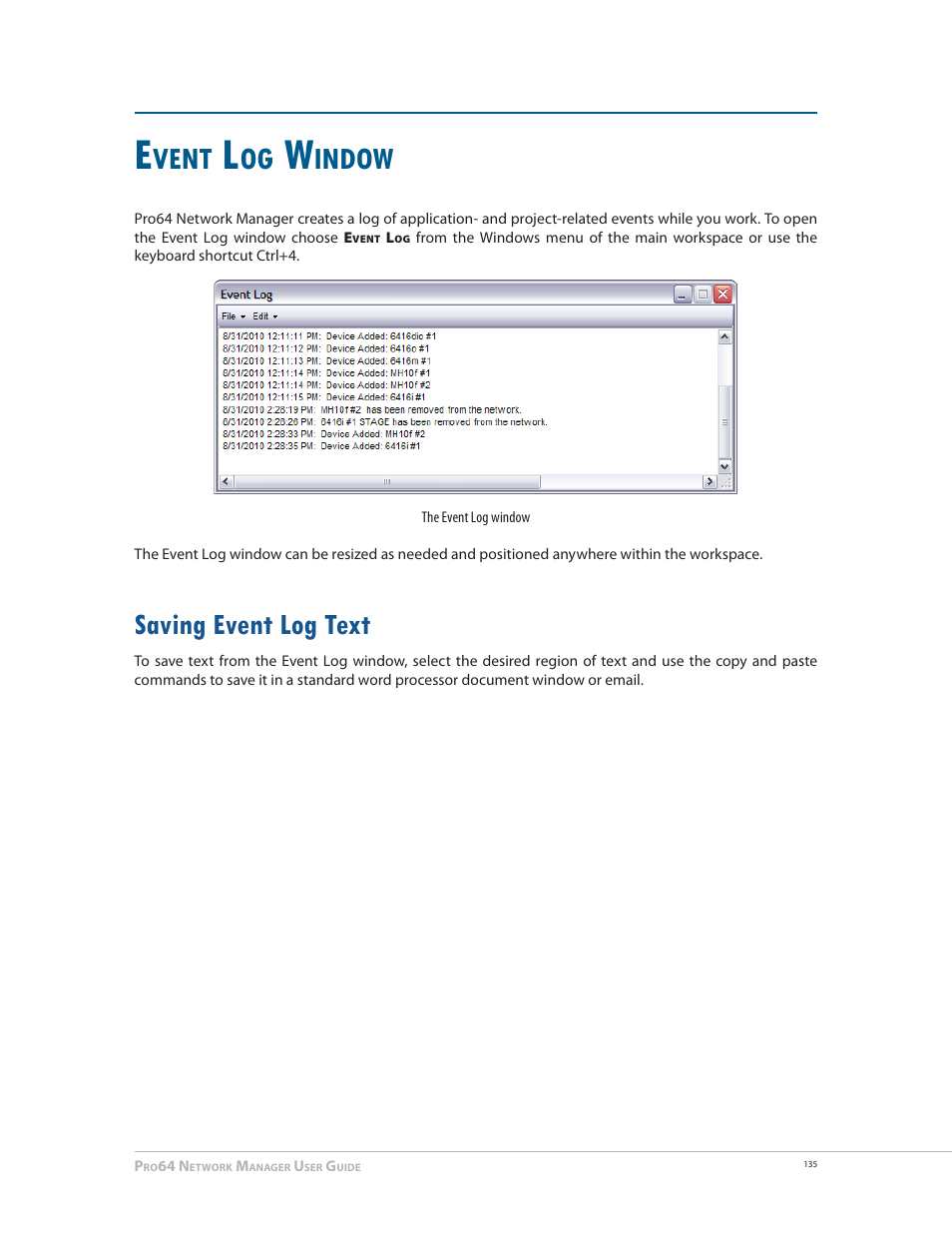 Event log window, Saving event log text, Saving event log text 135 | Vent, Indow | Aviom Pro64 Network Manager User Manual | Page 144 / 160