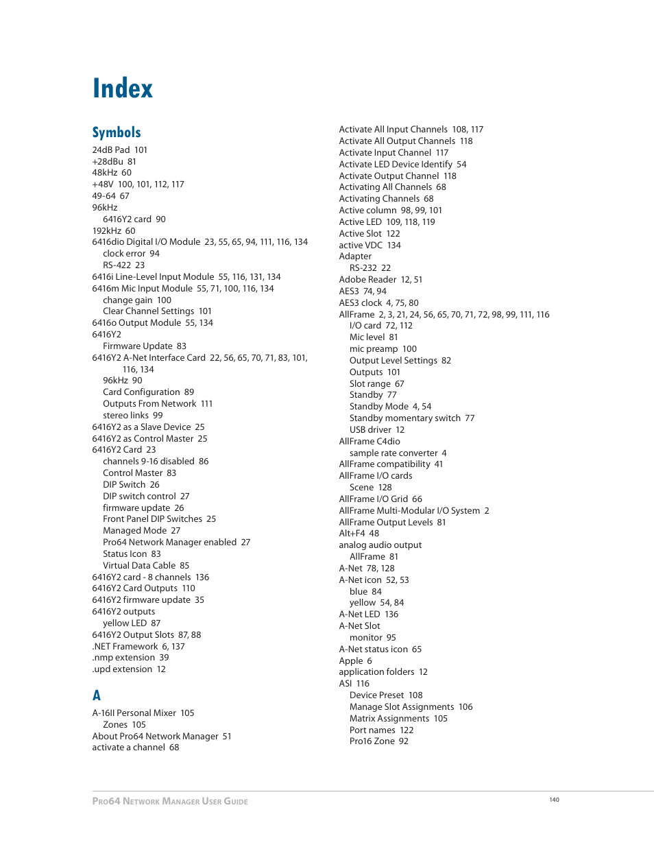 Index, Symbols | Aviom Pro64 Network Manager User Manual | Page 149 / 160