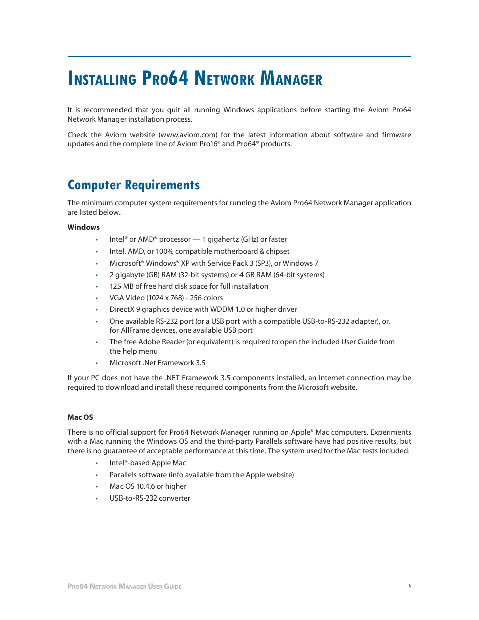 Installing pro64 network manager, Computer requirements, Computer requirements 6 | 64 n, Nstalling, Etwork, Anager | Aviom Pro64 Network Manager User Manual | Page 15 / 160