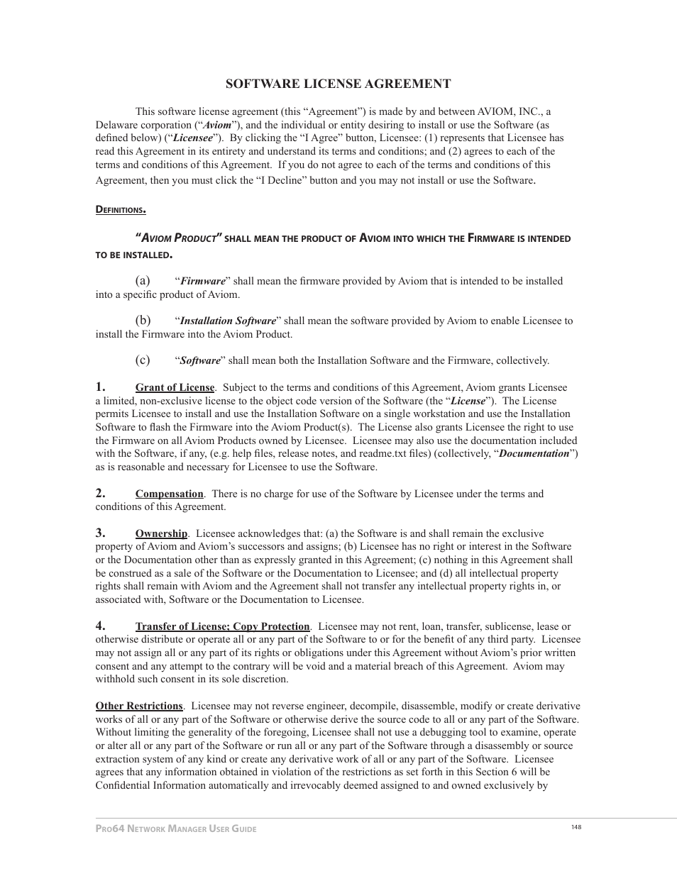 Software license agreement | Aviom Pro64 Network Manager User Manual | Page 157 / 160
