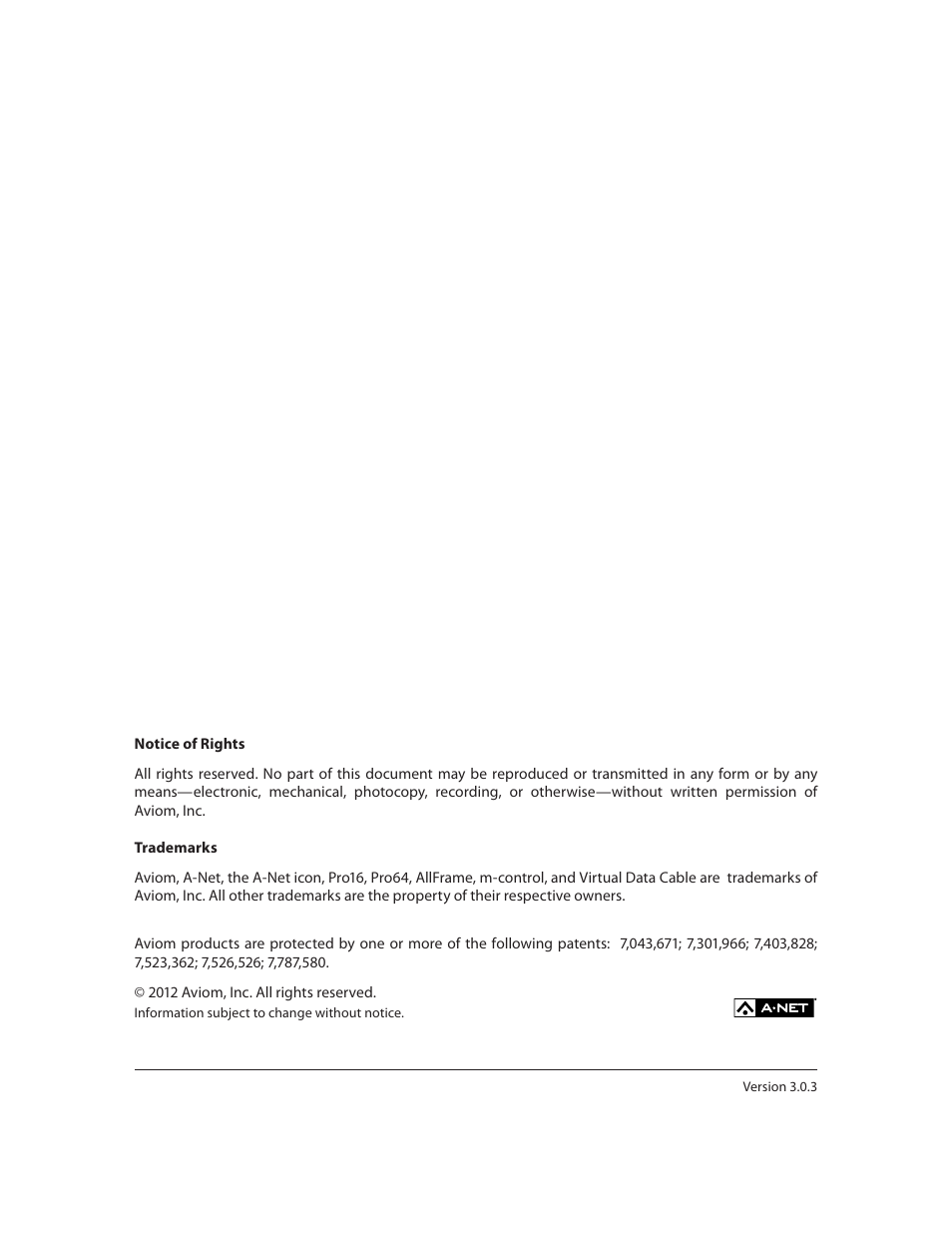 Notice of rights, Trademarks | Aviom Pro64 Network Manager User Manual | Page 2 / 160
