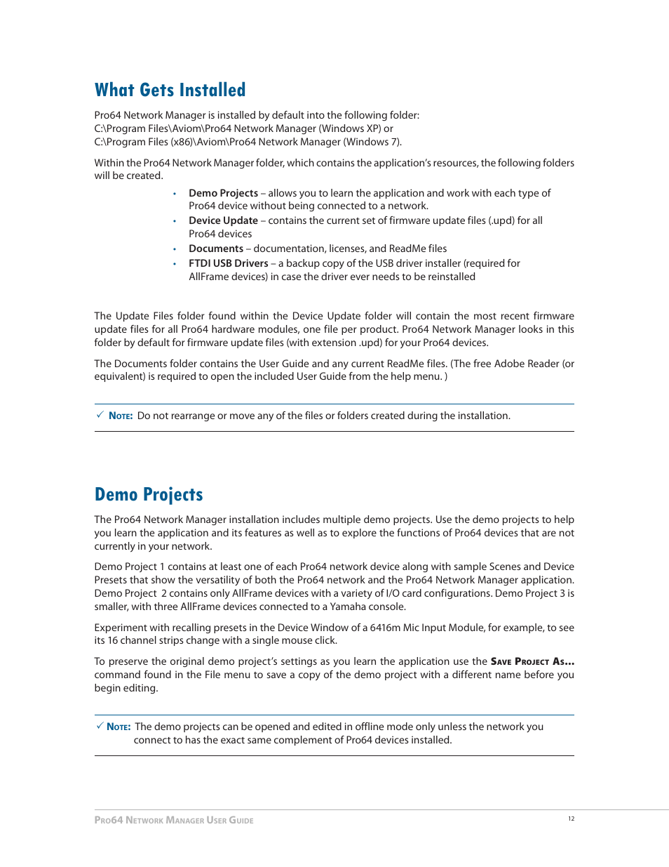 What gets installed, Demo projects, What gets installed 12 demo projects 12 | E 12 | Aviom Pro64 Network Manager User Manual | Page 21 / 160