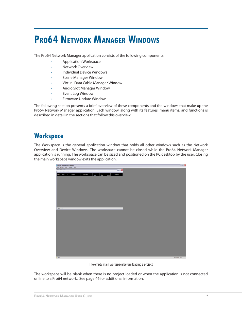 Pro64 network manager windows, Workspace, Workspace 14 | 64 n, Etwork, Anager, Indows | Aviom Pro64 Network Manager User Manual | Page 23 / 160