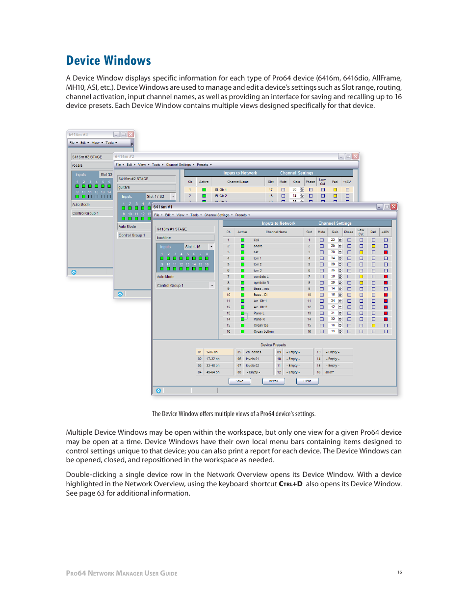 Device windows, Device windows 16, E 16 | Aviom Pro64 Network Manager User Manual | Page 25 / 160