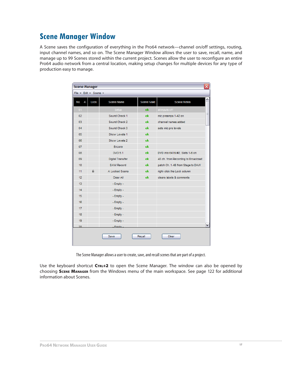 Scene manager window | Aviom Pro64 Network Manager User Manual | Page 26 / 160