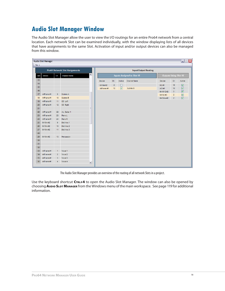 Audio slot manager window | Aviom Pro64 Network Manager User Manual | Page 27 / 160