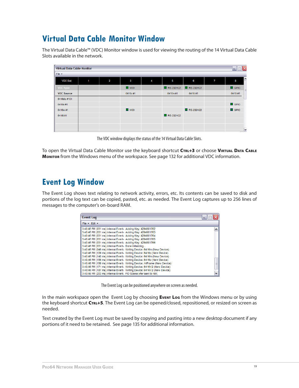 Virtual data cable monitor window, Event log window, Virtual data cable | Monitor window 19, Event log window 19, Monitor window | Aviom Pro64 Network Manager User Manual | Page 28 / 160