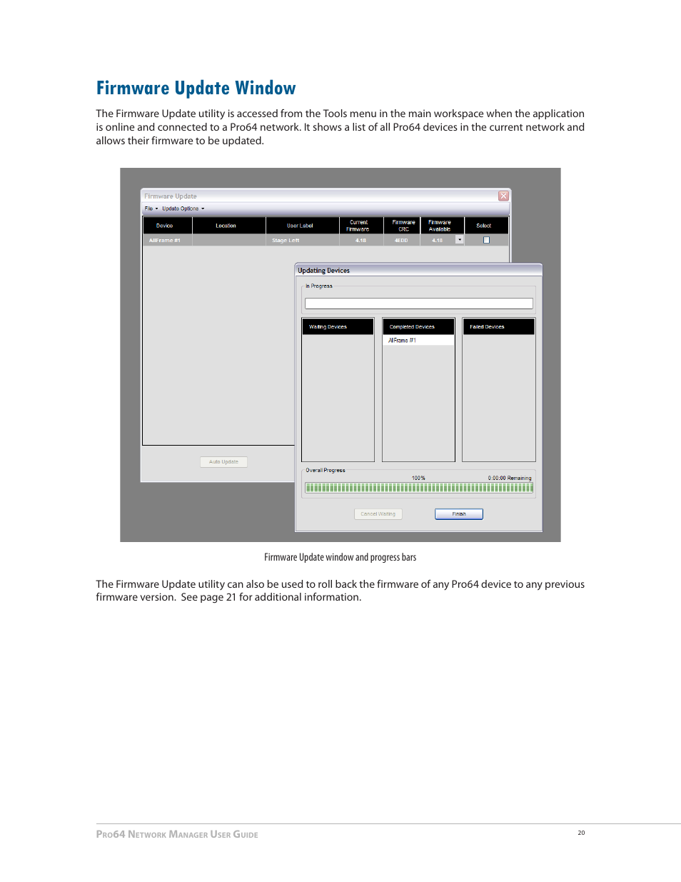 Firmware update window, Firmware update window 20 | Aviom Pro64 Network Manager User Manual | Page 29 / 160