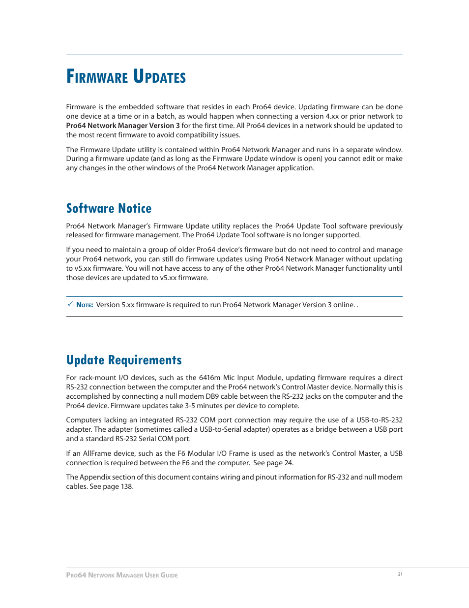 Firmware updates, Software notice, Update requirements | Software notice 21 update requirements 21, Irmware, Pdates | Aviom Pro64 Network Manager User Manual | Page 30 / 160