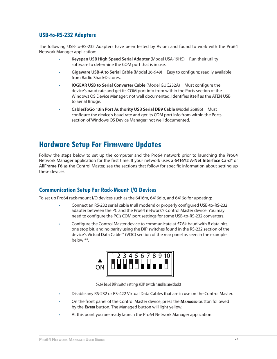 Usb-to-rs-232 adapters, Hardware setup for firmware updates, Communication setup for rack-mount i/o devices | Usb‑to‑rs‑232 adapters, Hardware setup for firmware updates 22, Communication setup for rack‑mount i/o devices, E 22 | Aviom Pro64 Network Manager User Manual | Page 31 / 160