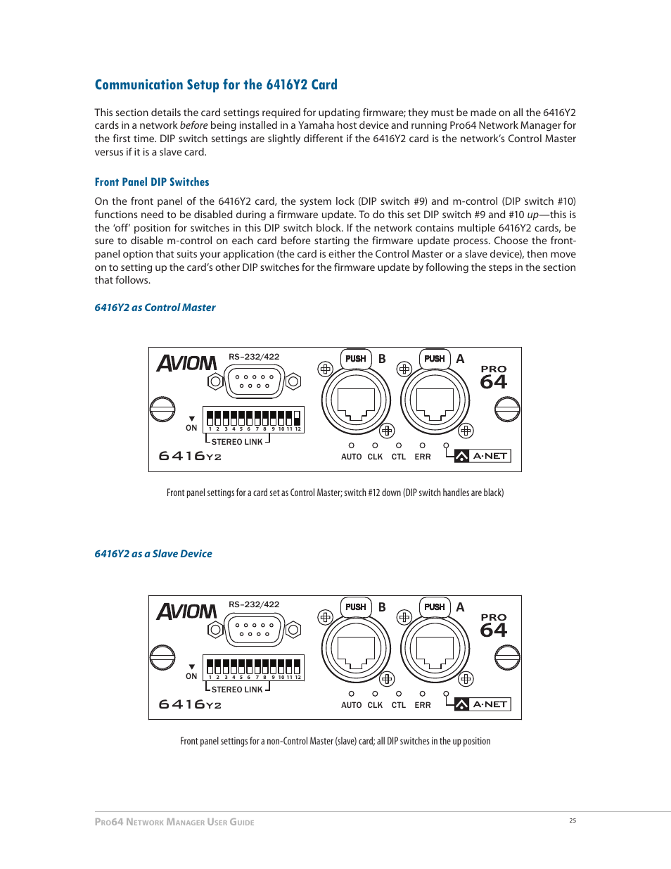 Communication setup for the 6416y2 card, Front panel dip switches, 6416y2 as control master | 6416y2 as a slave device | Aviom Pro64 Network Manager User Manual | Page 34 / 160