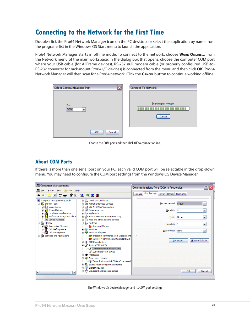 Connecting to the network for the first time, About com ports, Connecting to the network for the first time 28 | Aviom Pro64 Network Manager User Manual | Page 37 / 160