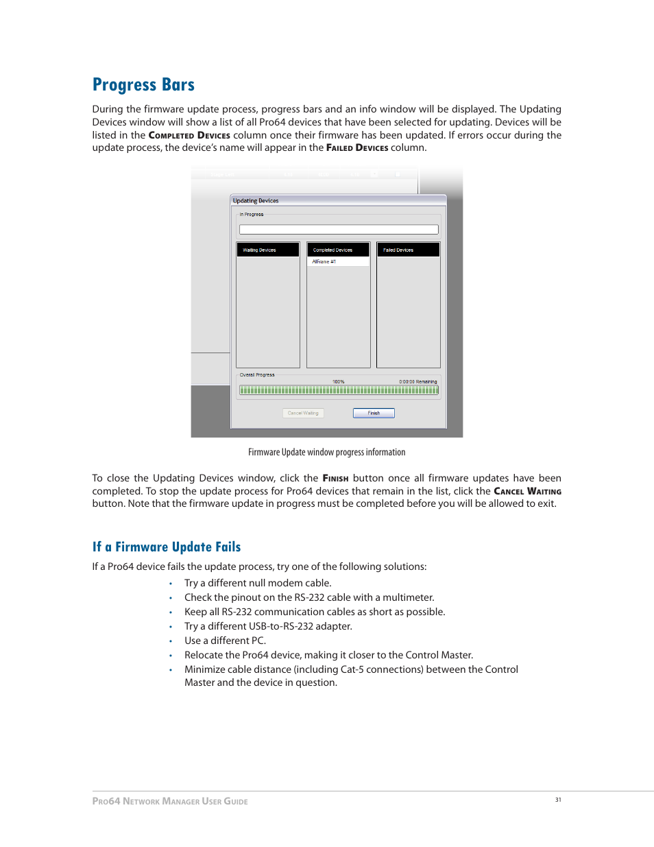 Progress bars, If a firmware update fails, Progress bars 31 | Aviom Pro64 Network Manager User Manual | Page 40 / 160