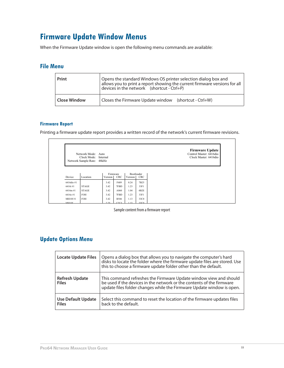 Firmware update window menus, File menu, Firmware report | Update options menu, Firmware update window menus 33, File menu firmware report update options menu, 64 n, Sample content from a firmware report | Aviom Pro64 Network Manager User Manual | Page 42 / 160