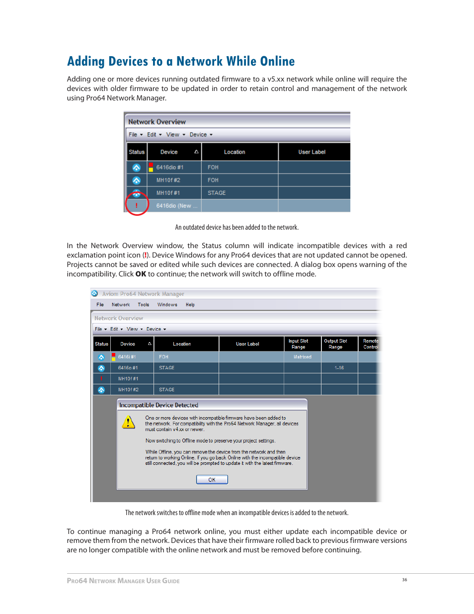Adding devices to a network while online, Adding devices to a network while online 36 | Aviom Pro64 Network Manager User Manual | Page 45 / 160