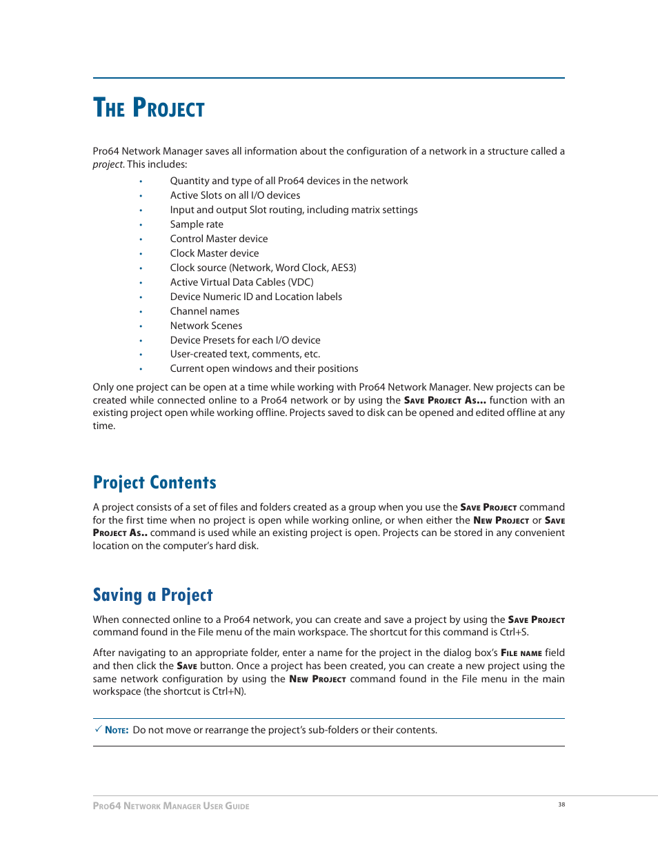 The project, Project contents, Saving a project | Project contents 38 saving a project 38, Roject | Aviom Pro64 Network Manager User Manual | Page 47 / 160