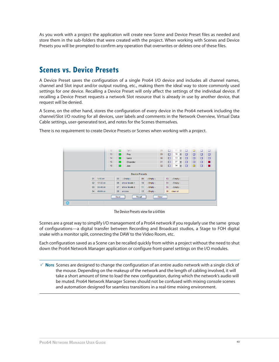 Scenes vs. device presets, Scenes vs device presets 40 | Aviom Pro64 Network Manager User Manual | Page 49 / 160