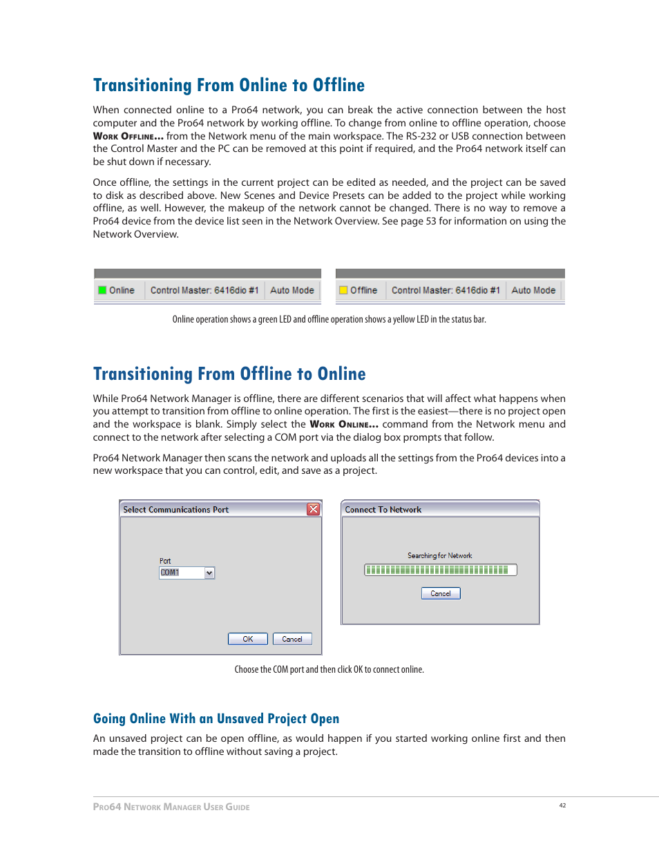 Transitioning from online to offline, Transitioning from offline to online, Going online with an unsaved project open | Aviom Pro64 Network Manager User Manual | Page 51 / 160