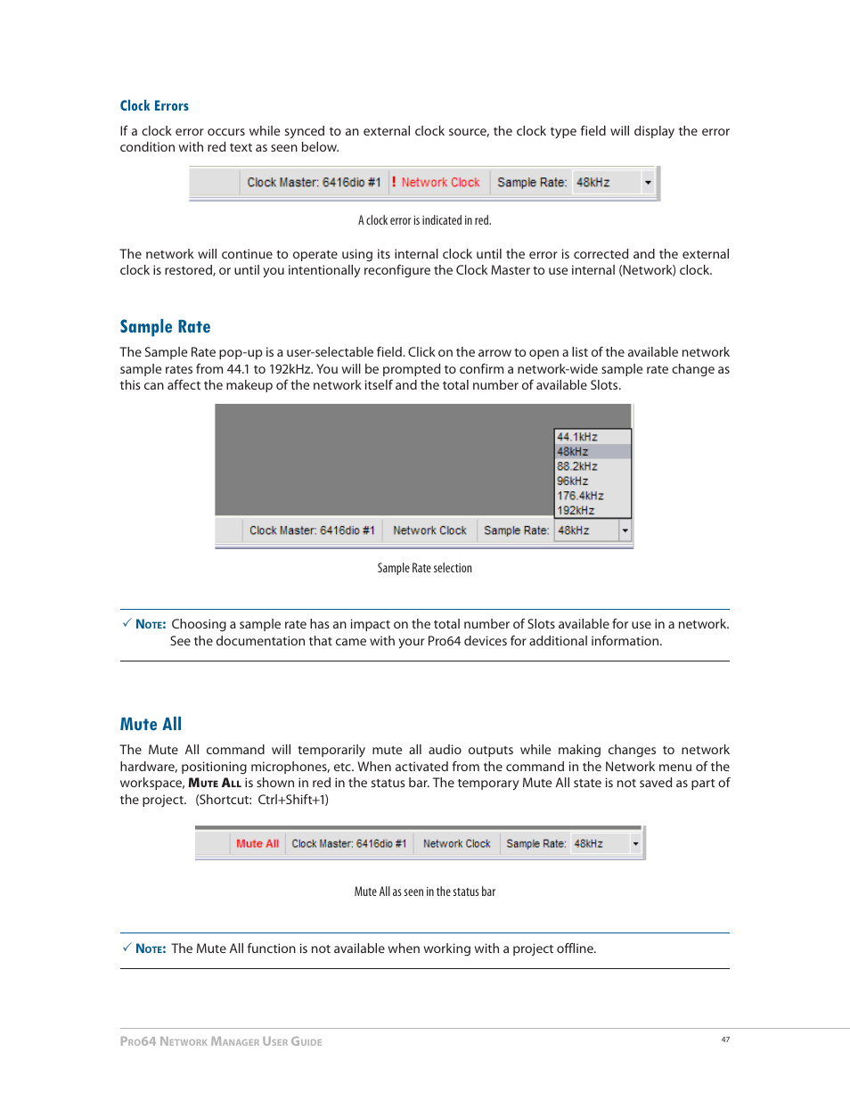 Clock errors, Sample rate, Mute all | Clock errors sample rate mute all | Aviom Pro64 Network Manager User Manual | Page 56 / 160