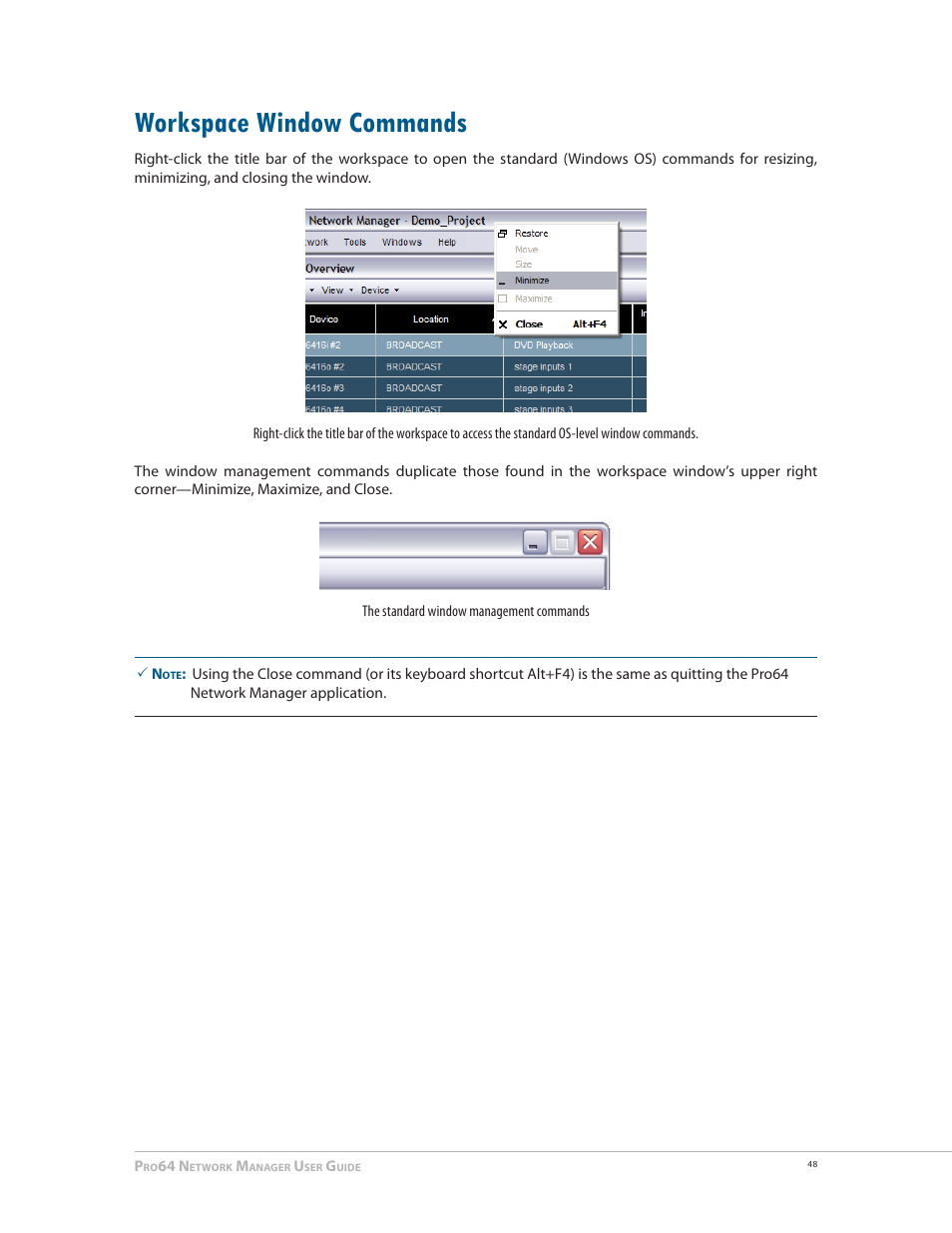 Workspace window commands, Workspace window commands 48 | Aviom Pro64 Network Manager User Manual | Page 57 / 160