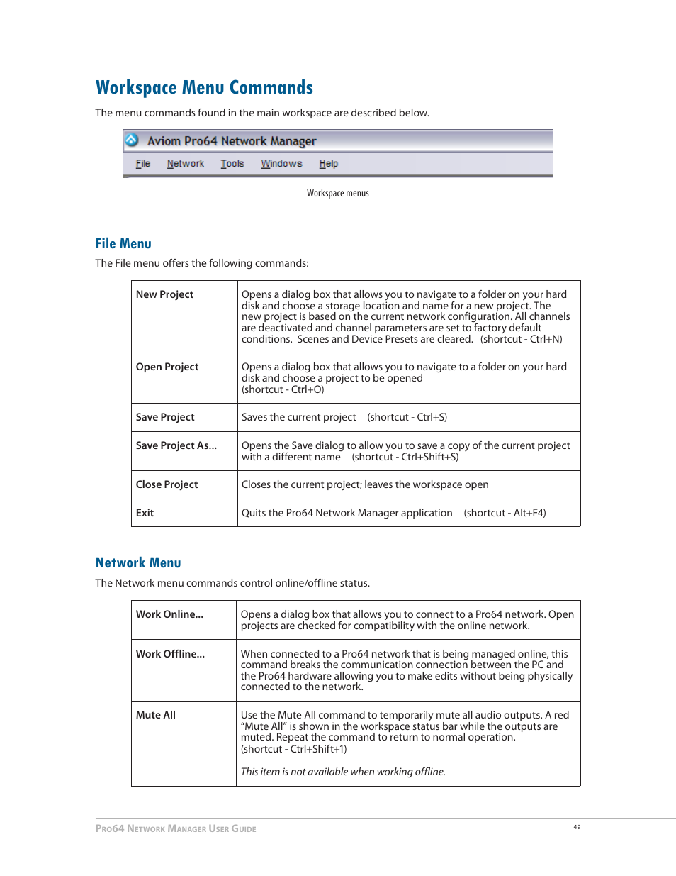 Workspace menu commands, File menu, Network menu | Workspace menu commands 49, File menu network menu | Aviom Pro64 Network Manager User Manual | Page 58 / 160