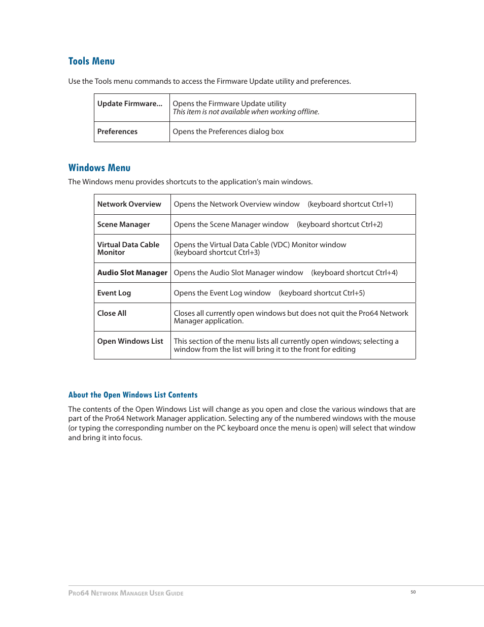 Tools menu, Windows menu, About the open windows list contents | Aviom Pro64 Network Manager User Manual | Page 59 / 160