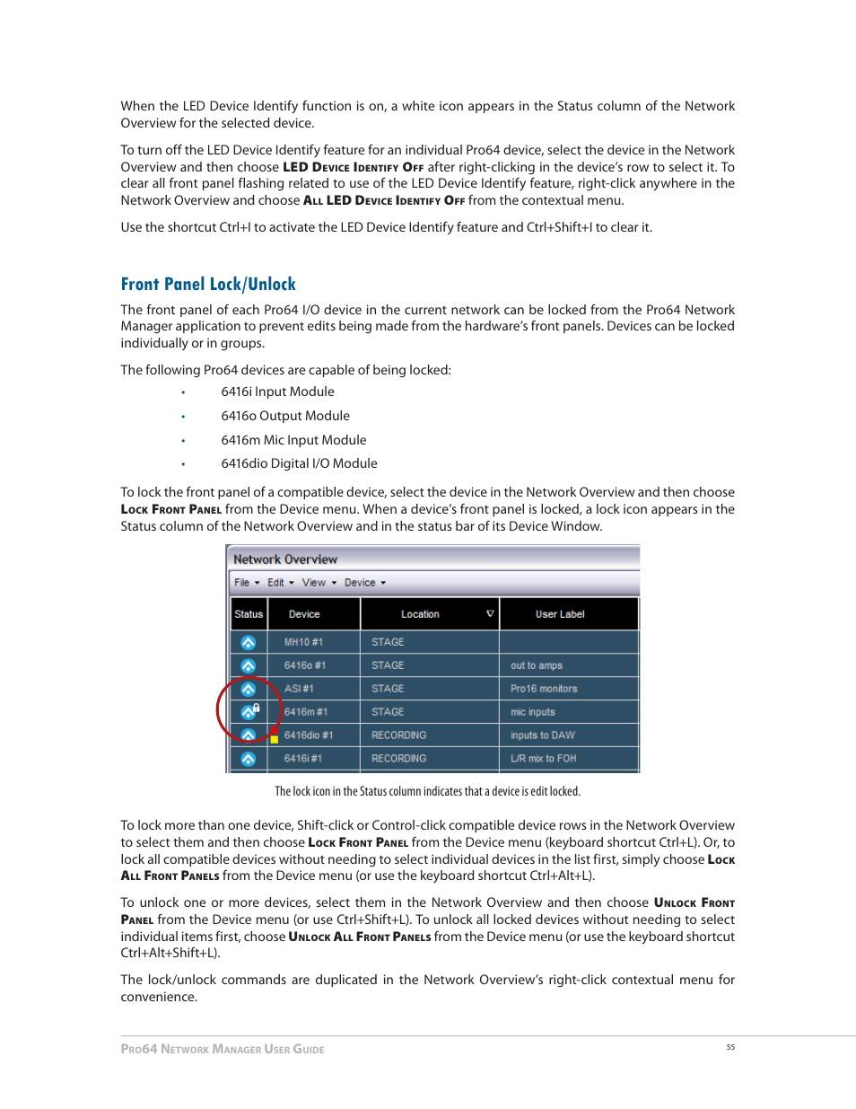 Front panel lock/unlock | Aviom Pro64 Network Manager User Manual | Page 64 / 160