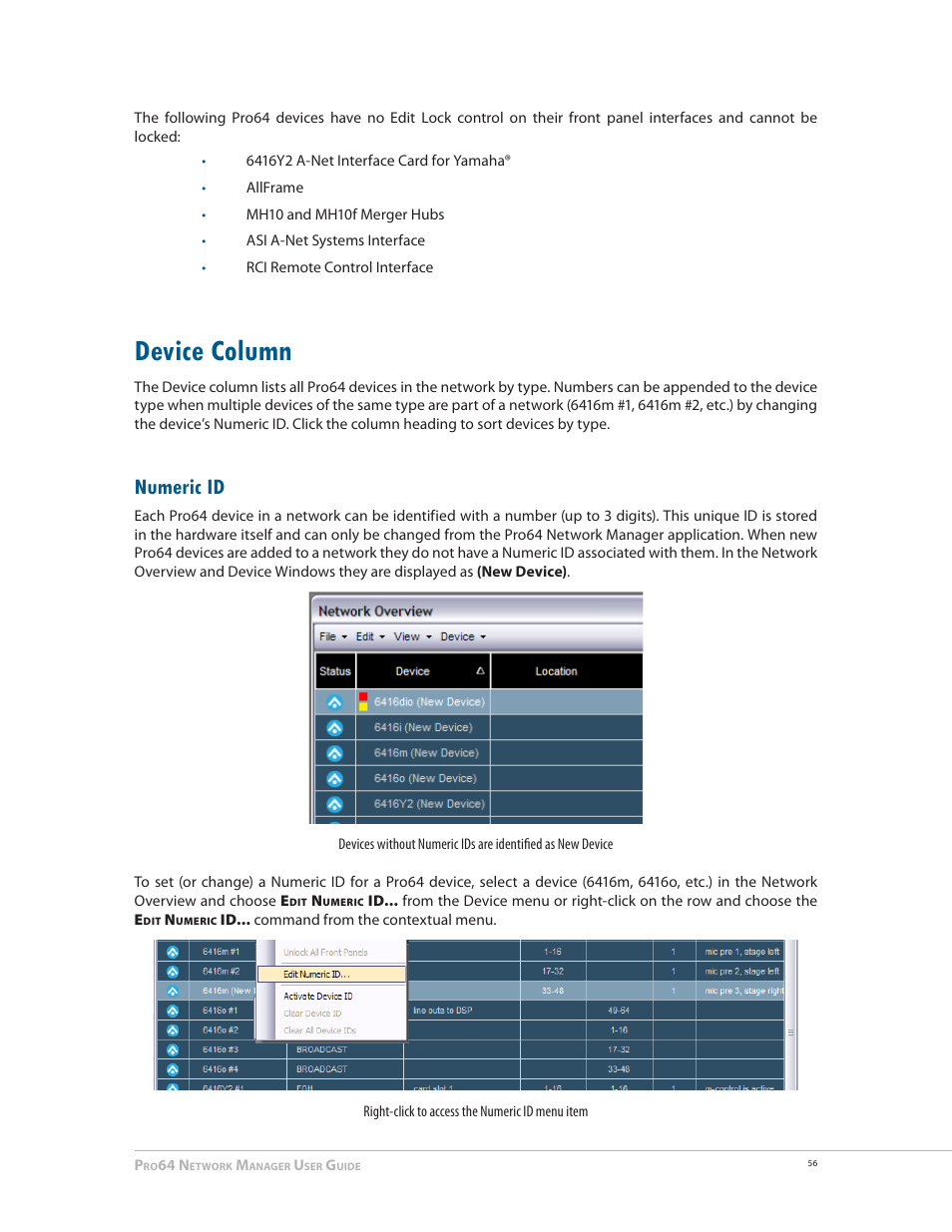 Device column, Numeric id, Device column 56 | Aviom Pro64 Network Manager User Manual | Page 65 / 160