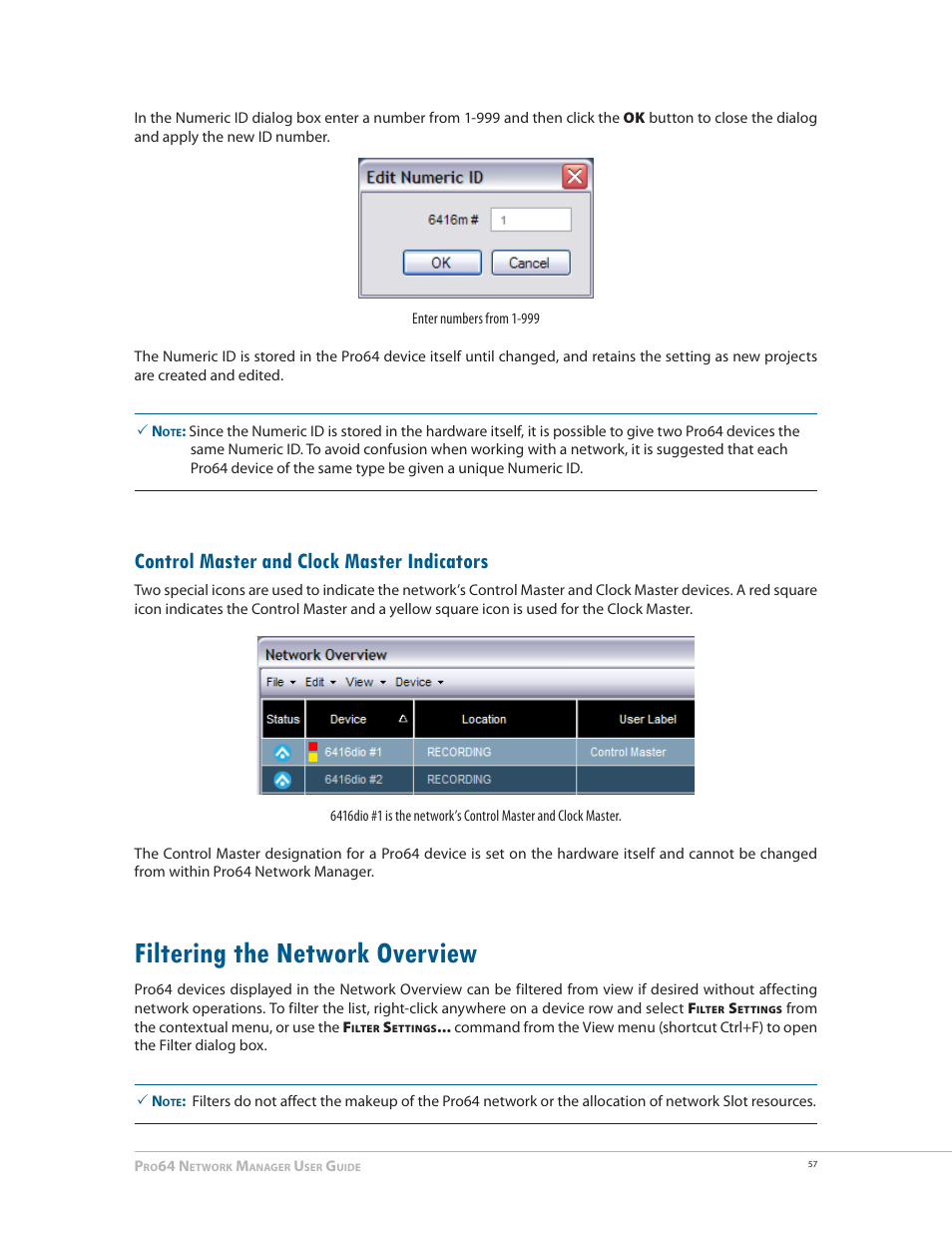 Control master and clock master indicators, Filtering the network overview, Filtering the network overview 57 | Aviom Pro64 Network Manager User Manual | Page 66 / 160