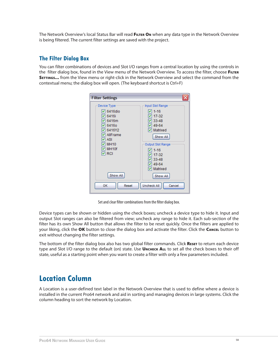 The filter dialog box, Location column, Location column 58 | Aviom Pro64 Network Manager User Manual | Page 67 / 160
