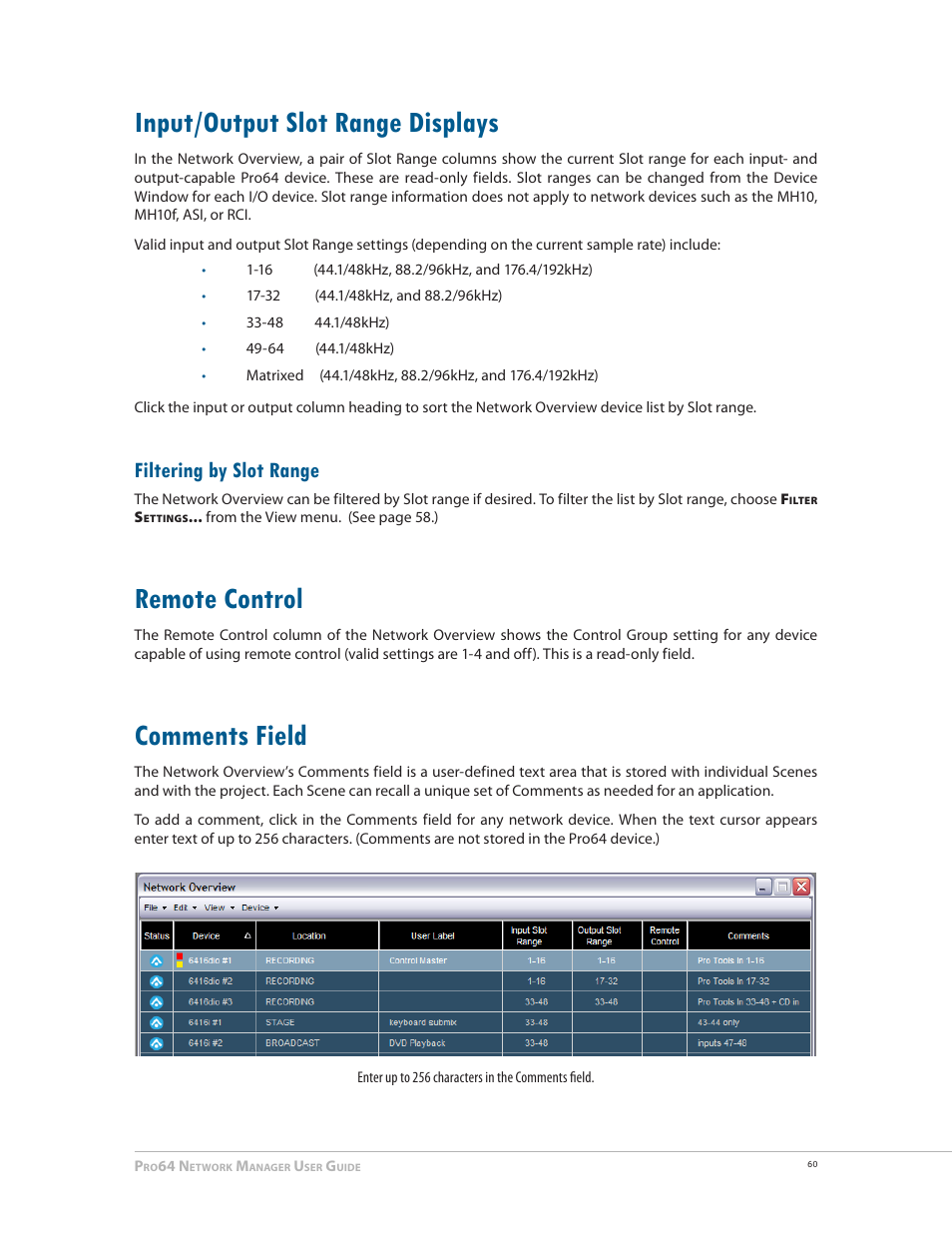 Input/output slot range displays, Filtering by slot range, Remote control | Comments field, Input/output slot range displays 60, Remote control 60 comments field 60 | Aviom Pro64 Network Manager User Manual | Page 69 / 160