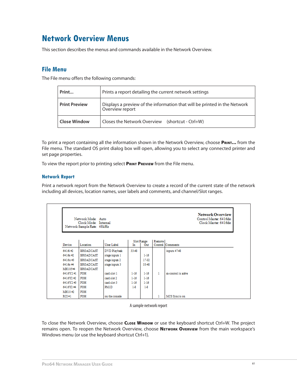 Network overview menus, File menu, Network report | Network overview menus 61, File menu network report | Aviom Pro64 Network Manager User Manual | Page 70 / 160