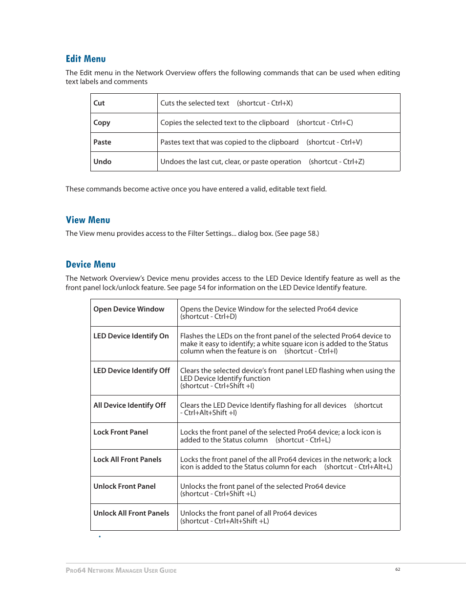 Edit menu, View menu, Device menu | Edit menu view menu | Aviom Pro64 Network Manager User Manual | Page 71 / 160