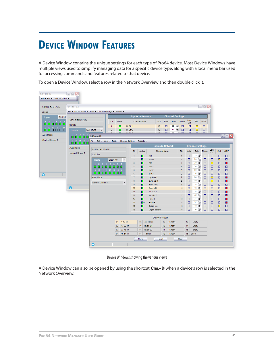 Device window features, Evice, Indow | Eatures | Aviom Pro64 Network Manager User Manual | Page 72 / 160