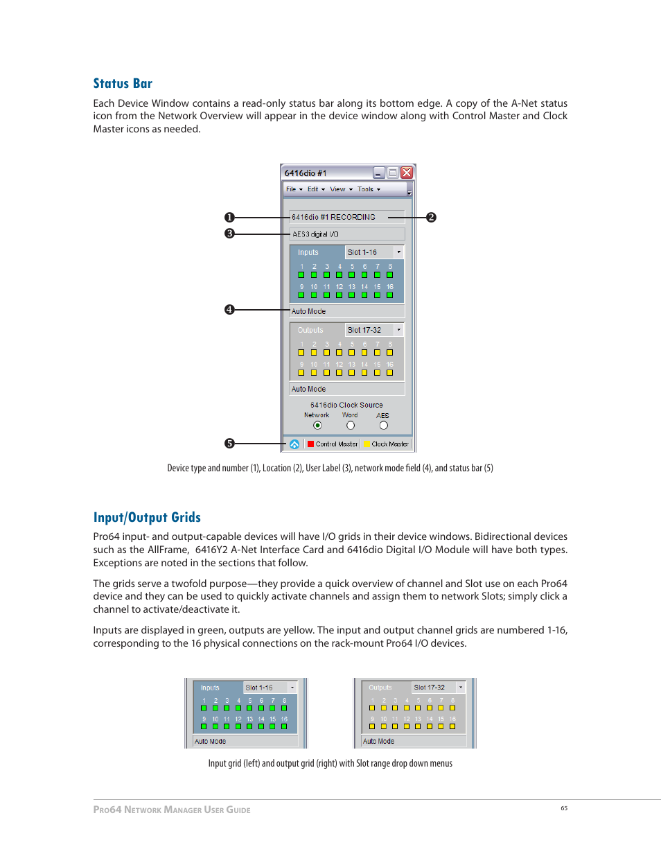 Status bar, Input/output grids, Status bar input/output grids | V w y x | Aviom Pro64 Network Manager User Manual | Page 74 / 160