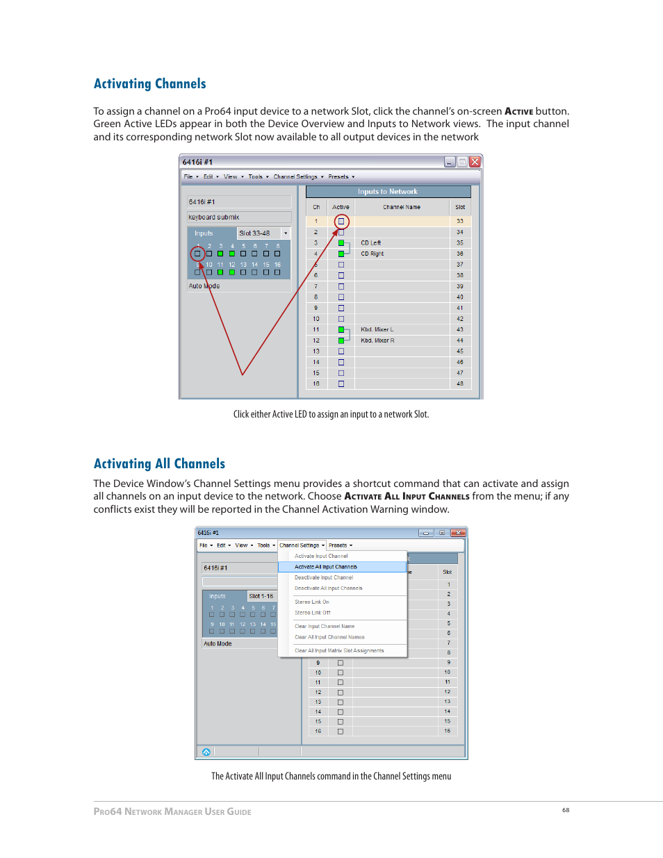 Activating channels, Activating all channels, Activating channels activating all channels | E 68 | Aviom Pro64 Network Manager User Manual | Page 77 / 160