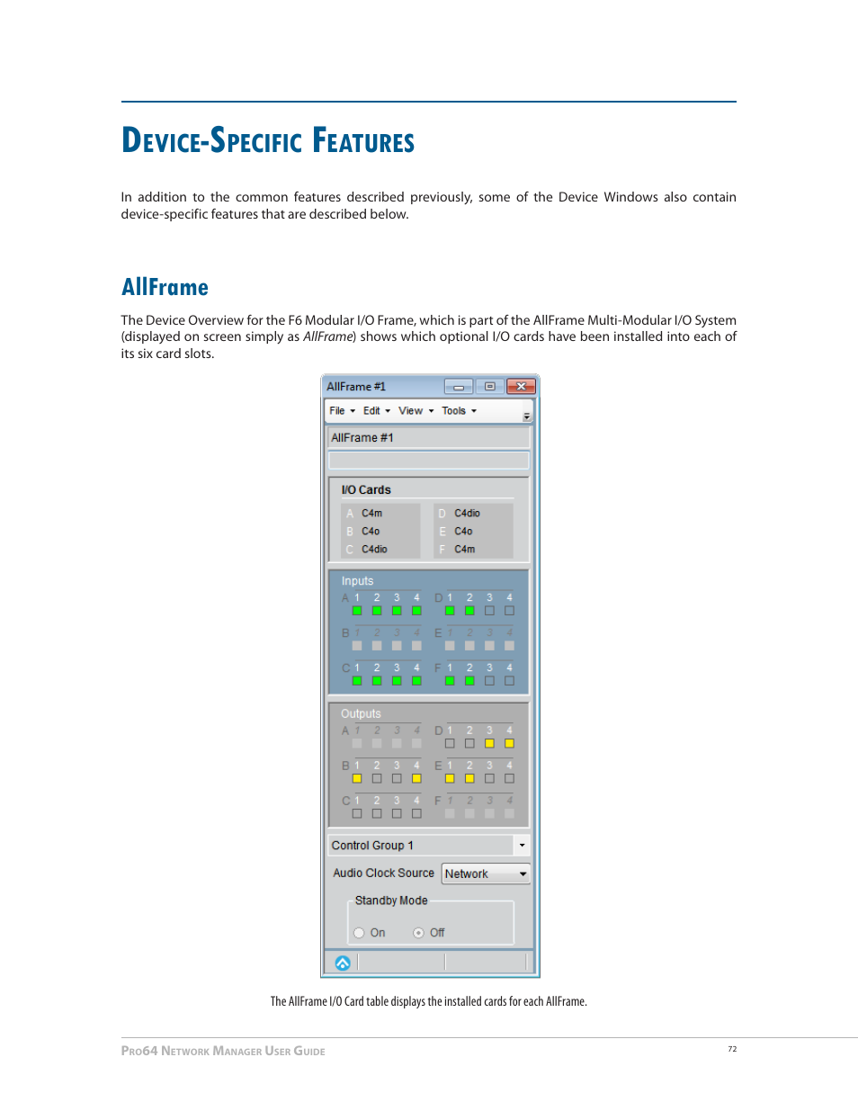 Device-specific features, Allframe, Allframe 72 | Evice, Pecific, Eatures | Aviom Pro64 Network Manager User Manual | Page 81 / 160